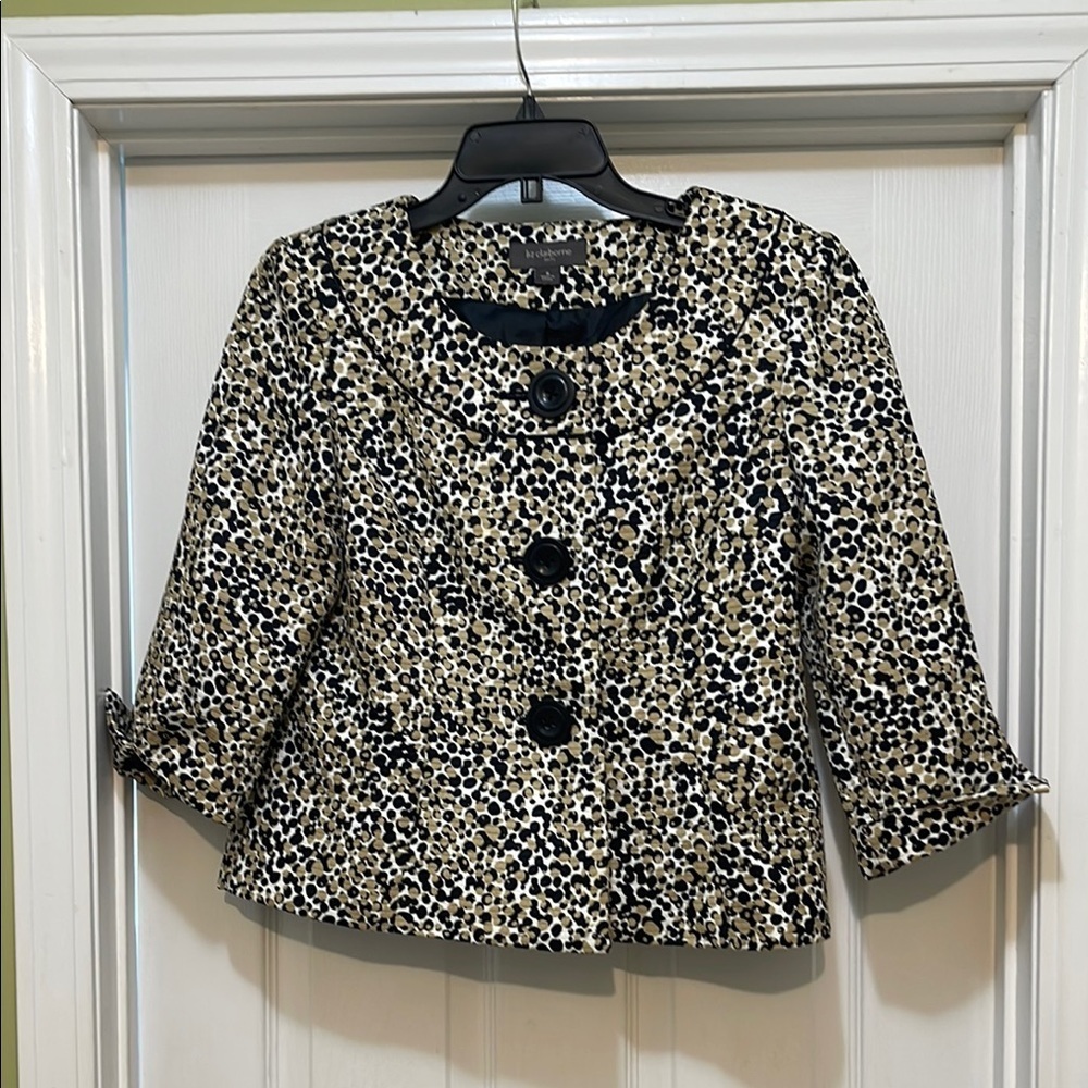 Liz Claiborne - 3/4 sleeve jacket - tan, white & black design - size 8
